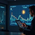 Inversor senior fotorrealista inspeccionando un símbolo de Bitcoin y un gráfico ascendente de ETF en una pantalla digital en una sala de redacción moderna con motivos de blockchain.