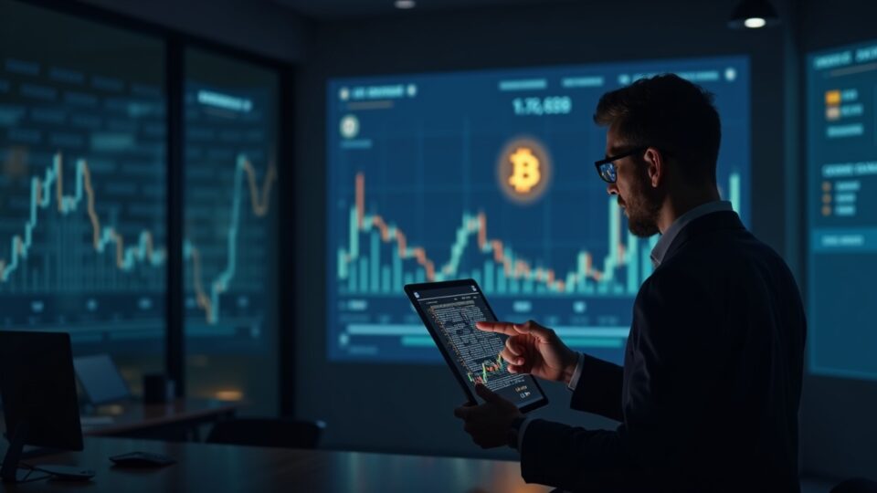 Inversor senior fotorrealista inspeccionando un símbolo de Bitcoin y un gráfico ascendente de ETF en una pantalla digital en una sala de redacción moderna con motivos de blockchain.