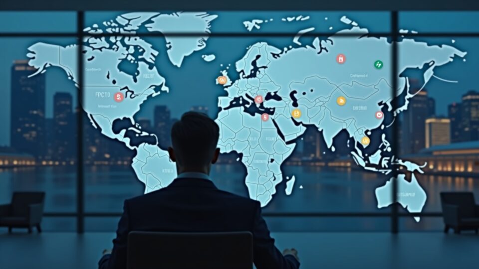 Toma fotorealista centrada de un ejecutivo senior en una oficina elegante con un mapa de activos digitales y el skyline de Singapur.