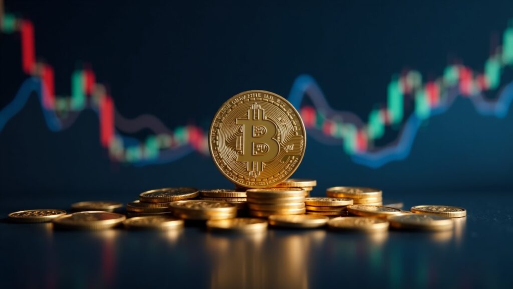 Logotipo de BlackRock con símbolo de Bitcoin y gráficos ascendentes en una sala de redacción moderna, señalando entradas de IBIT frente al oro.