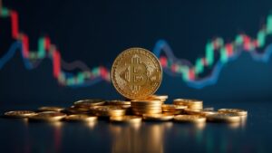 Logotipo de BlackRock con símbolo de Bitcoin y gráficos ascendentes en una sala de redacción moderna, señalando entradas de IBIT frente al oro.