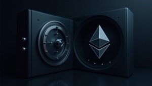 Cabecera fotorrealista con el logo de BlackRock junto al símbolo de Ethereum, que representa validadores de staking en una bóveda elegante.