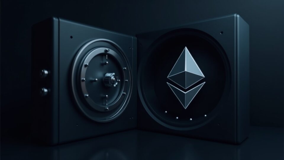 Cabecera fotorrealista con el logo de BlackRock junto al símbolo de Ethereum, que representa validadores de staking en una bóveda elegante.