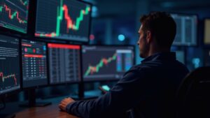 Trader fotorrealista en un escritorio moderno con BNB cerca de $910, línea de resistencia luminosa y barras de volumen en alza.