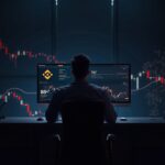Trader fotorrealista en una elegante sala de trading observa cómo BNB cae por debajo de 865 en un monitor, logotipo de Binance y barras rojas de impulso.