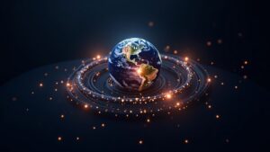 Nodo validador fotorrealista con cadenas luminosas alrededor de un globo, símbolos BEP-619 y una cuenta regresiva para la bifurcación Fermi.