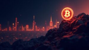 Fotorrealista Binance Coin (BNB) asciende sobre un horizonte de blockchain brillante con una barra de progreso y un icono de quema.