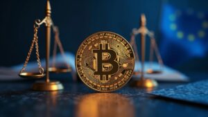 Primer plano fotorrealista de una moneda BNB luminosa, balanzas de la justicia, banderas de la UE y documentos regulatorios sobre un fondo de blockchain.
