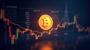 Token BNB 3D fotorrealista sobre un gráfico de precio ascendente con flujos de datos y siluetas institucionales señalando un aumento del volumen