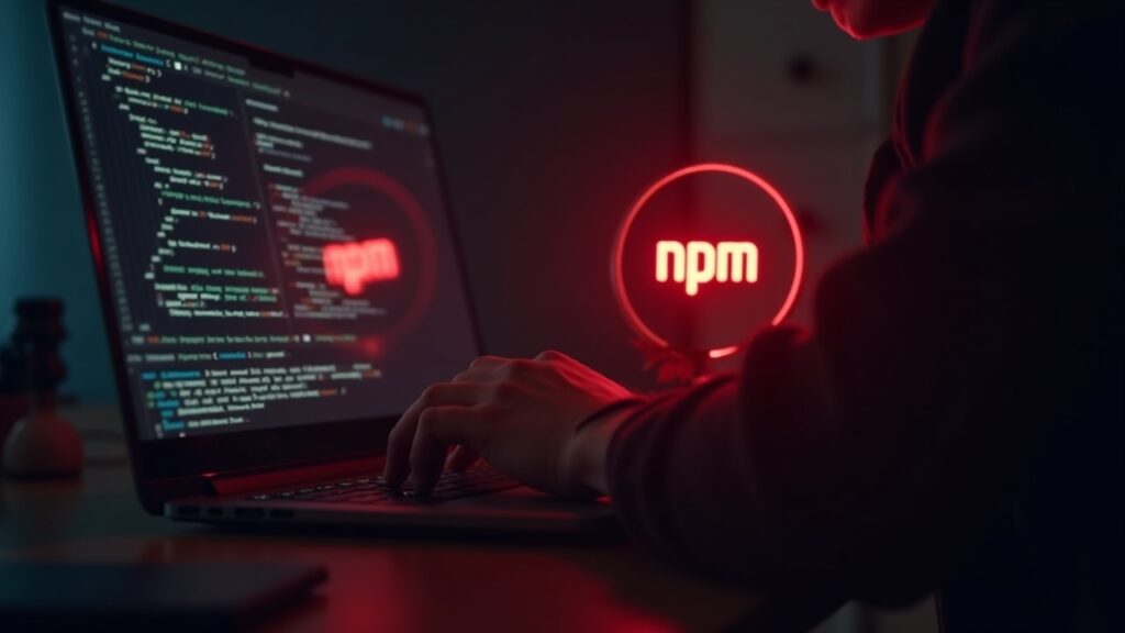 Primer plano de un programador en un escritorio con un portátil que muestra una alerta roja sobre los logotipos de npm y cripto.