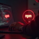 Primer plano de un programador en un escritorio con un portátil que muestra una alerta roja sobre los logotipos de npm y cripto.