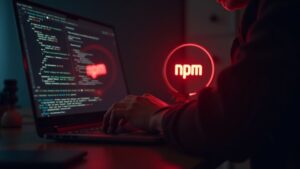 Primer plano de un programador en un escritorio con un portátil que muestra una alerta roja sobre los logotipos de npm y cripto.