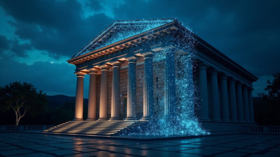 Fachada de banco brasileño fusionada con una brillante red blockchain, simbolizando el trading cripto institucional basado en Fusion.