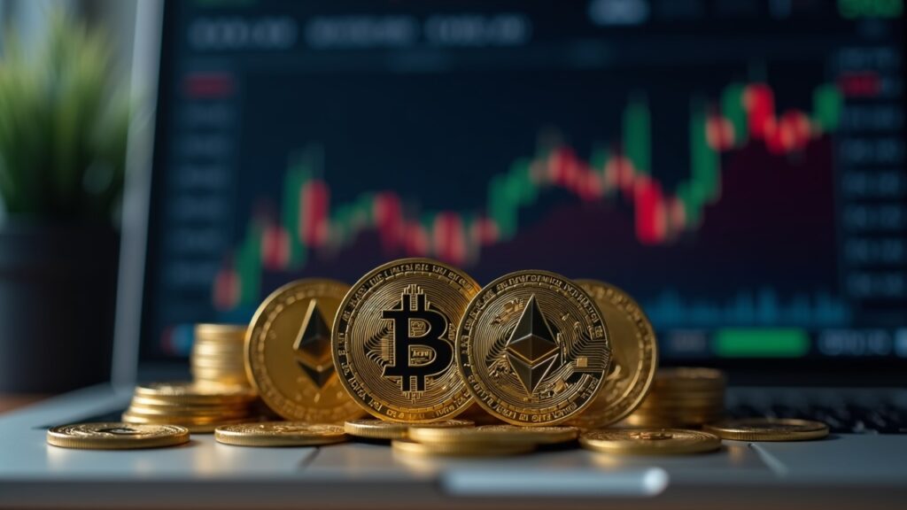 Escena de escritorio fotorrealista: monedas de Bitcoin y Ethereum junto a un gráfico de desempleo que se desvanece y a una pantalla del mercado.