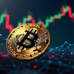 Primer plano de una moneda de Bitcoin con una gráfica borrosa de futuros del Nasdaq y el logotipo de Oracle, resplandor de IA que ilustra la tensión entre clases de activos.