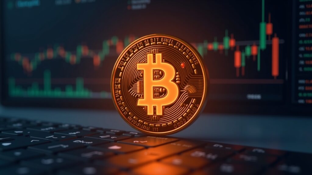 Logotipo fotorrealista de Bitcoin centrado con una línea de precio 81,500 brillante sobre gráficos digitales de negociación e iluminación de la sala de redacción.