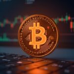 Logotipo fotorrealista de Bitcoin centrado con una línea de precio 81,500 brillante sobre gráficos digitales de negociación e iluminación de la sala de redacción.