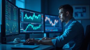 Mesa de operaciones fotorrealista con gráficos de Bitcoin, cotizaciones bursátiles y un analista concentrado que ilustra los movimientos cripto impulsados por BTC.