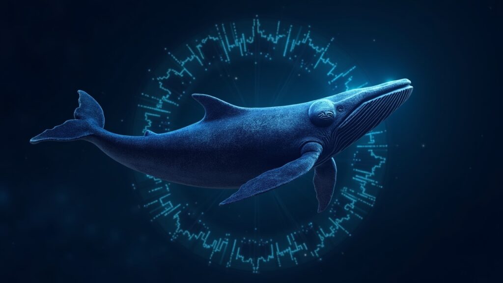 Encabezado fotorrealista: ballena de Cardano ADA orbitando gráficos de mercado con un logotipo ADA brillante, señalando acumulación por delante.