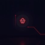 Logotipo de Cardano centrado en una sala de redacción oscura y de alta tecnología con una línea de tendencia descendente roja y un icono de interrupción que señala la fase de medianoche