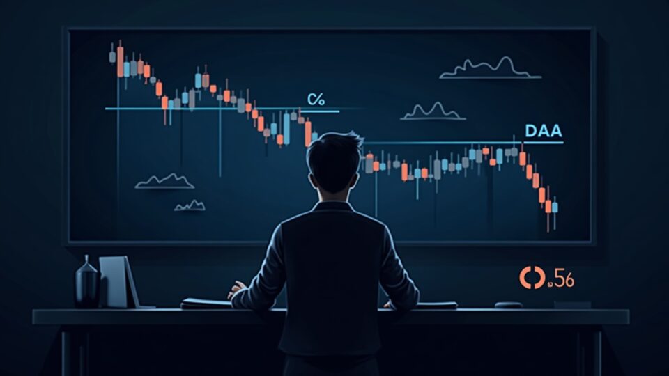 Trader de criptomonedas fotorrealista junto a un gráfico de ADA en tendencia bajista con el logotipo de Cardano y un marcador 0.25 destacado.