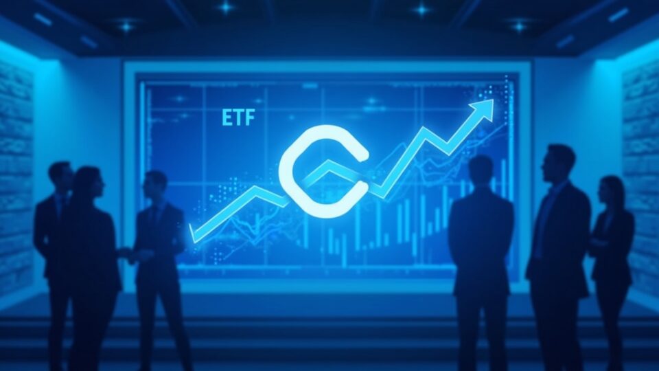Encabezado profesional de sala de redacción cripto: logotipo de Chainlink, gráfico ascendente de ETF, siluetas institucionales sobre fondo azul
