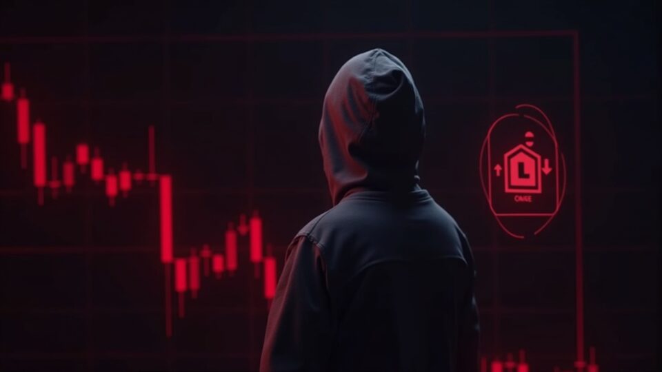 Fotorealista oráculo de Chainlink en el centro con un gráfico de tendencia descendente en rojo y un pequeño icono de documento ETF en la esquina, ambiente de sala de redacción.