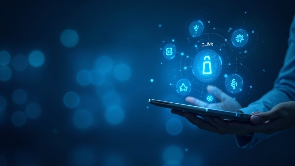 Escena fotorrealista de redacción: un analista central con una pantalla holográfica que muestra LINK a $12.80, GLNK y iconos de tokens RWA.