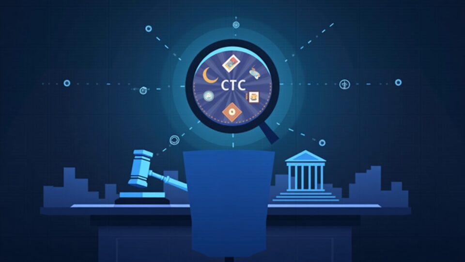 Sala de prensa con un token de activo digital, un mazo y la silueta de un tribunal que indican la regulación de criptomonedas y la supervisión de la CFTC.