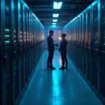 Instalación minera de CleanSpark con bastidores de servidores iluminados y un técnico, superposición que muestra el aumento de la tasa de hash y métricas de capacidad.