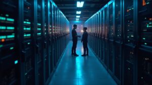Instalación minera de CleanSpark con bastidores de servidores iluminados y un técnico, superposición que muestra el aumento de la tasa de hash y métricas de capacidad.