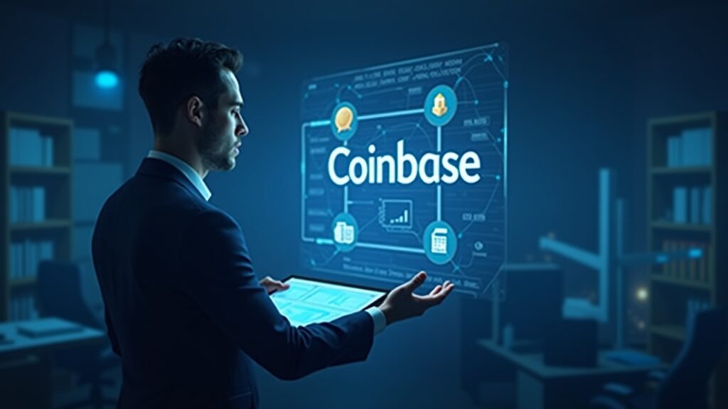 Ejecutivo bancario revisa una pantalla holográfica que muestra el logotipo de Coinbase y iconos cripto en una sala de negociación moderna.