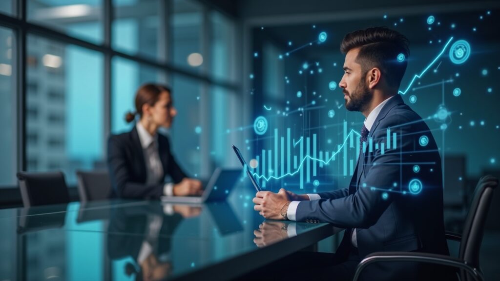 Ejecutivo confiado en un escritorio de cristal con gráficos holográficos de cripto en ascenso e íconos de regulación que señalan la adopción institucional hacia 2026