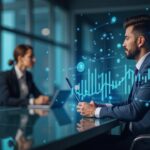 Ejecutivo confiado en un escritorio de cristal con gráficos holográficos de cripto en ascenso e íconos de regulación que señalan la adopción institucional hacia 2026