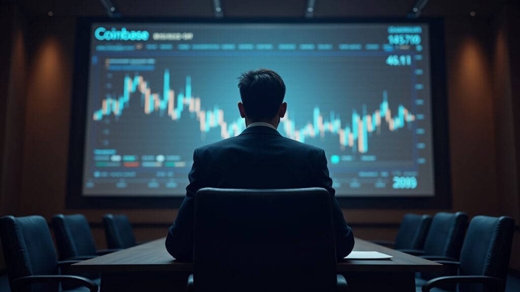 Encabezado fotorrealista: silueta de un ejecutivo de Coinbase en una sala de juicios con un gráfico de acciones digital e iconos regulatorios.