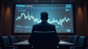 Encabezado fotorrealista: silueta de un ejecutivo de Coinbase en una sala de juicios con un gráfico de acciones digital e iconos regulatorios.