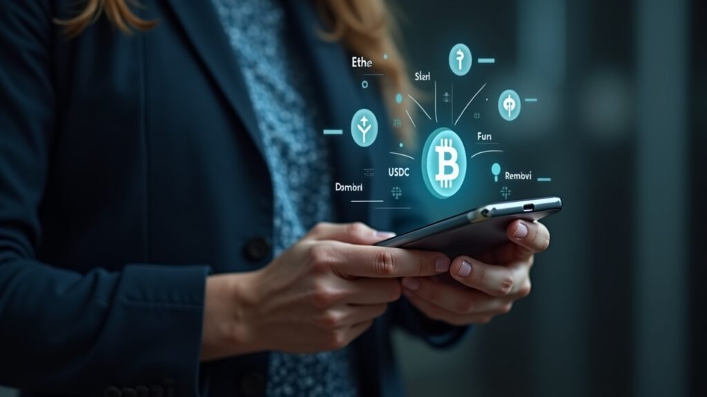 Escena fotorrealista: una persona usa una billetera en el teléfono inteligente con claves de autocustodia; los íconos fluyen hacia Trust Wallet a través de Revolut Pay.