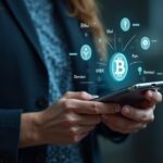 Escena fotorrealista: una persona usa una billetera en el teléfono inteligente con claves de autocustodia; los íconos fluyen hacia Trust Wallet a través de Revolut Pay.