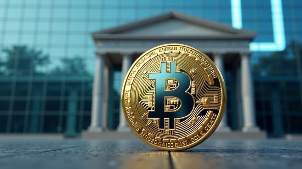 Token fotorrealista de stablecoin respaldado por won frente a un banco con fachada de vidrio, con una cuenta regresiva hasta el 10 de dic. y un telón de fondo regulatorio.