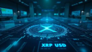 Mesa de operaciones fotorrealista con paneles de futuros cotizados al contado XRPUSD y SOL y la marca CME Globex.