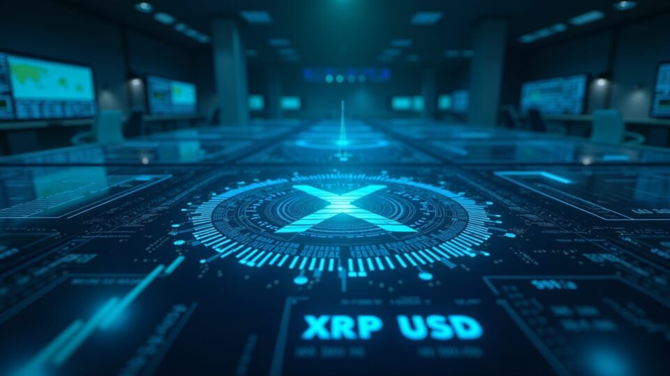 Mesa de operaciones fotorrealista con paneles de futuros cotizados al contado XRPUSD y SOL y la marca CME Globex.