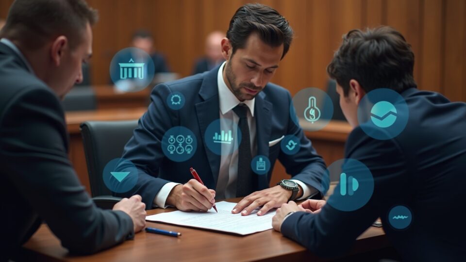 Escena de sala de juicio fotorrealista con un firmante central y gráficos criptográficos que ilustran la participación de clientes de FTX/Alameda en un acuerdo de $10M.