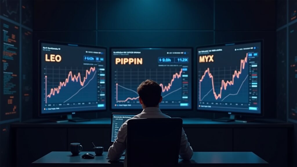 Comerciante fotorealista observa tickers LEO, PIPPIN y MYX brillantes con flechas ascendentes en un monitor grande.