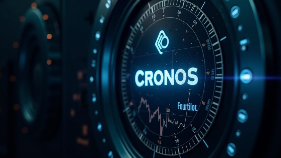 Escena fotorrealista de una bóveda que presenta el logo de Cronos, el resplandor de Nasdaq y la marca Trump Media, simbolizando una tesorería cripto tokenizada.