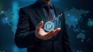 Analista profesional sostiene un token de ETF cripto brillante con una gráfica holográfica ascendente y documentos regulatorios de fondo.