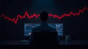 Trader fotorrealista en el centro con pantallas de BTC, ETH, XRP; barras de liquidación rojas en cascada sobre un gráfico de precios macro.