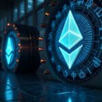 Cabecera fotorrealista de sala de noticias que muestra una bóveda de Ether, hologramas de ETH en ascenso y compradores institucionales señalando una recuperación.