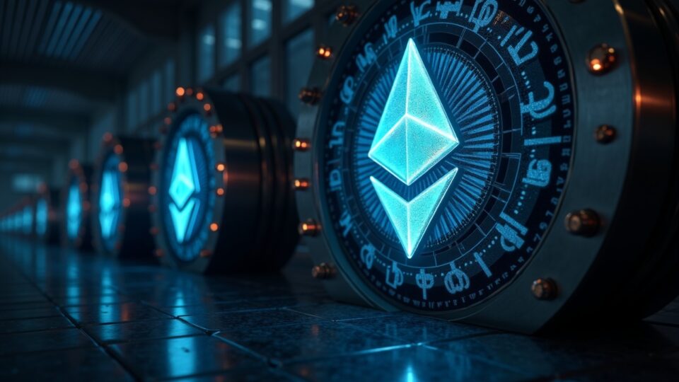 Cabecera fotorrealista de sala de noticias que muestra una bóveda de Ether, hologramas de ETH en ascenso y compradores institucionales señalando una recuperación.