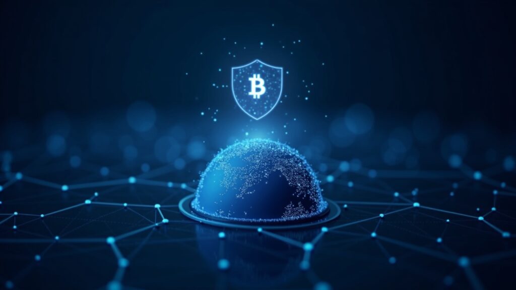 Centro de datos fotorrealista con un servidor de Cryptomixer, Bitcoin brillante, superposición de placa policial y líneas de red global.