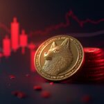 Primer plano fotorrealista de una moneda Dogecoin con un gráfico de cotización en caída por debajo de 0.129 y velas rojas.